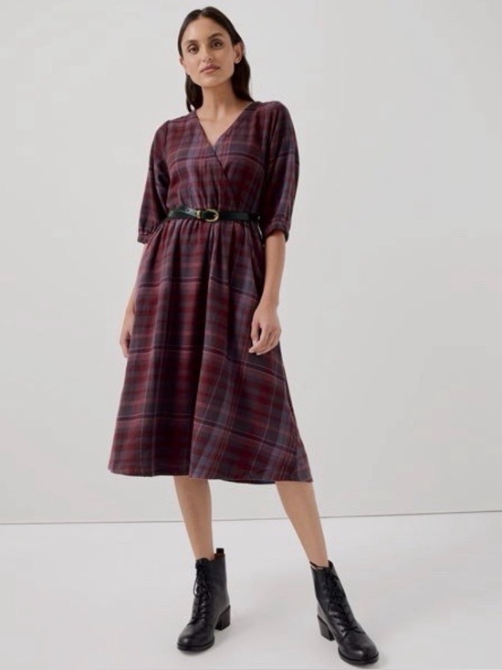 Pact Organic Dresses & Skirts - Pact Fireside Flannel Crossover Faux Wrap Midi Dress in Burgundy Size XS